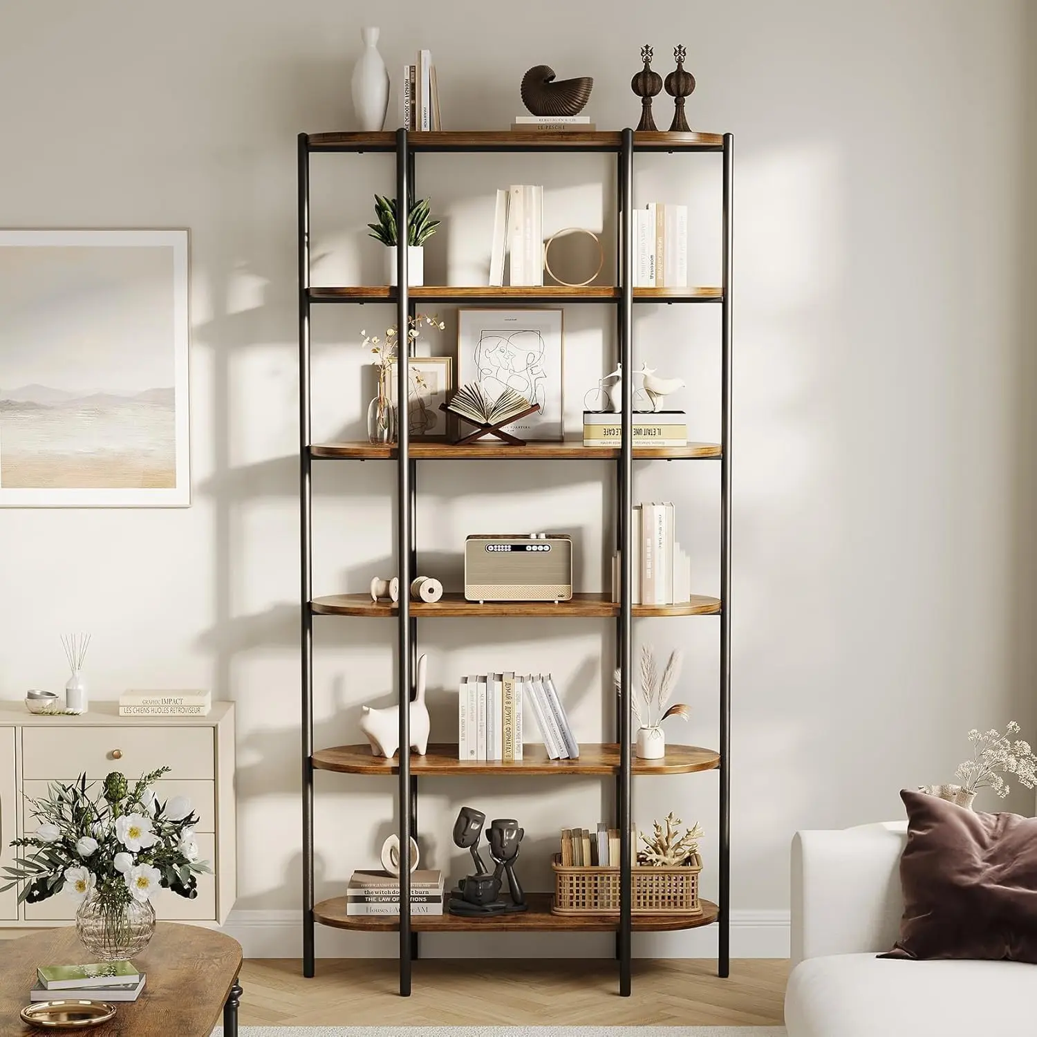 Bookshelf 6 Tier Tall Bookcase Industrial Bookshelves Oval Vintage Bookshelf Wood and Metal Standing Shelf Storage with Adjustable Feet for Home Office, Living Room, Bedroom, Bathroom,Rustic Brown