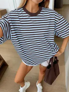 Vintage Relaxed Blue Striped Women's Casual T-Shirt, Womenswear Fashion Sportswear, Perfect for Sports Enthusiasts, Comfortable Durable Design