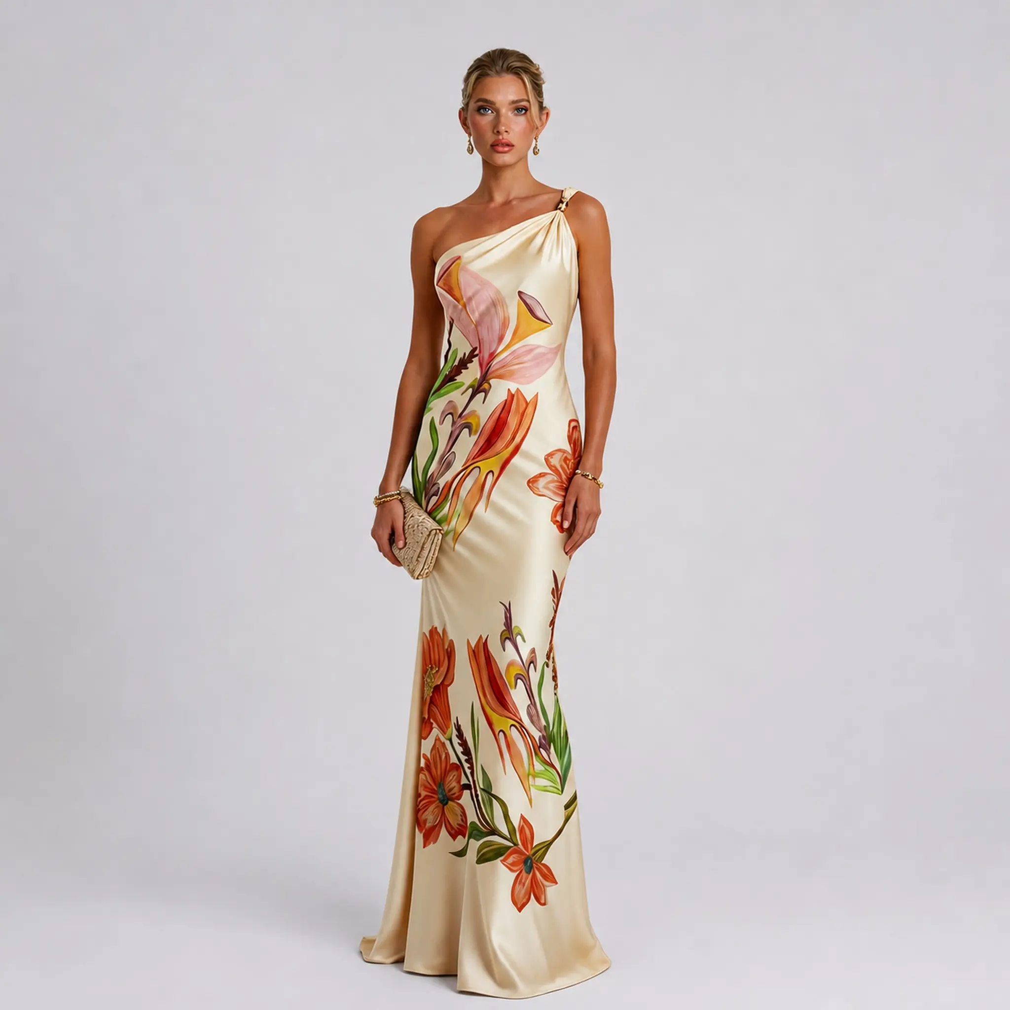 LikeMyChoice One Shoulder Floral Print Satin Mermaid Maxi Dress Bodycon Floor Length Wedding Guest Formal Evening Vacation Gown