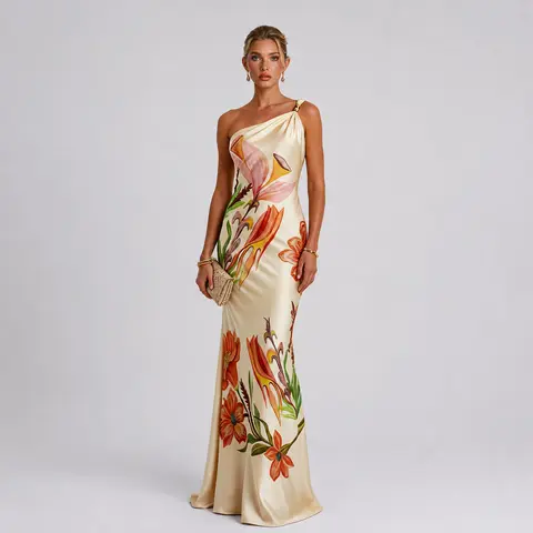 LikeMyChoice One Shoulder Floral Print Satin Mermaid Maxi Dress Bodycon Floor Length Wedding Guest Formal Evening Vacation Gown