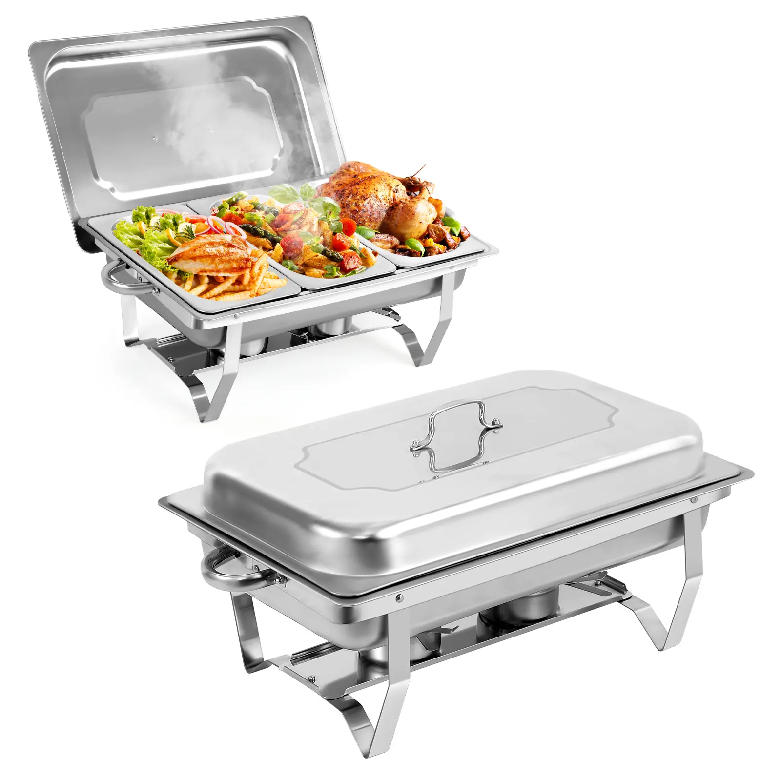 Stainless Steel 3-Compartment Chafing Dish Food Warmer Tray - Foldable Legs, Dual Hot & Cold Function, Easy-to-Clean, Handle Lid & Fuel Holders Included, Suitable for Catering & Wedding Banquet