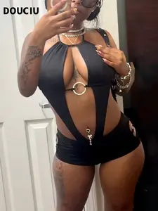 DOUCIU Women's Plain Slim-Fitting Sexy Summer Halter One-Piece Bodysuits Short Pants, Thin Casual All-Match Cute Cool Ladies' Clothing