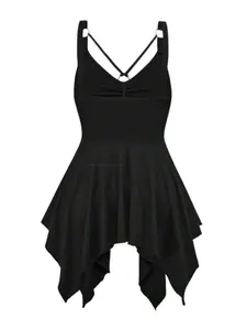 Gothic Tank Top Solid Color Ruched Grommet Chain Handkerchief Top