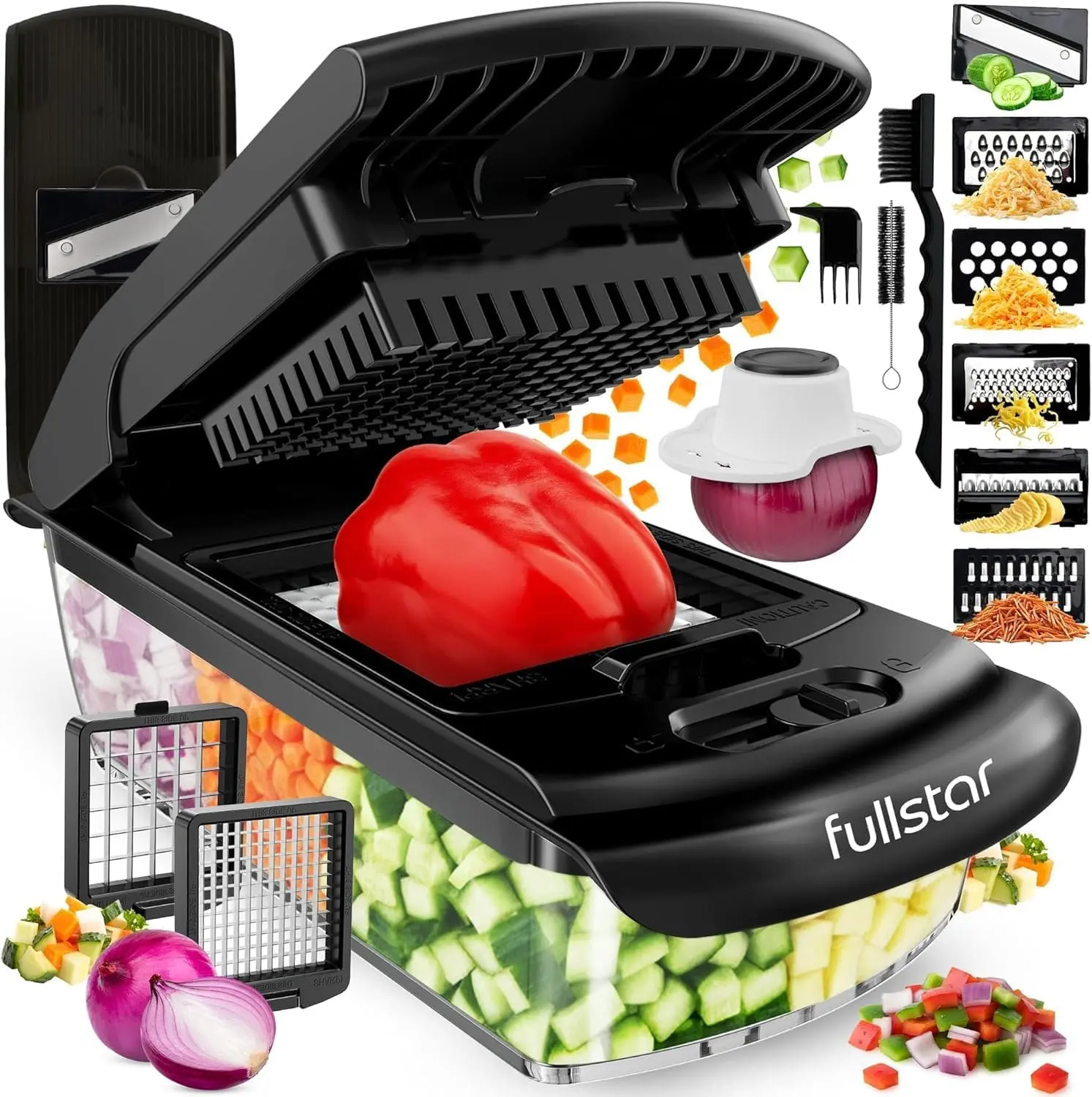 Fullstar All in One Vegetable Chopper and Mandoline Slicer, Food Chopper with Container and Julienne Slicer, Fruit Slicer, Veggie Cutter, Kitchen Gadgets, 8 in 1, Black - Summer Sale