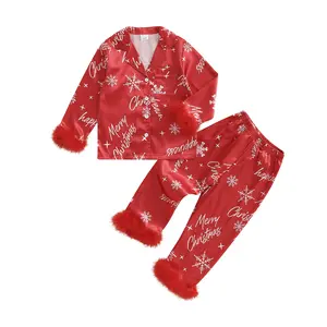REDWOON Toddler Baby Girl Christmas Fuzzy Pajamas Set Snowflake Button Down Shirt and Pants Holiday Pjs for Kids Loungewear Set