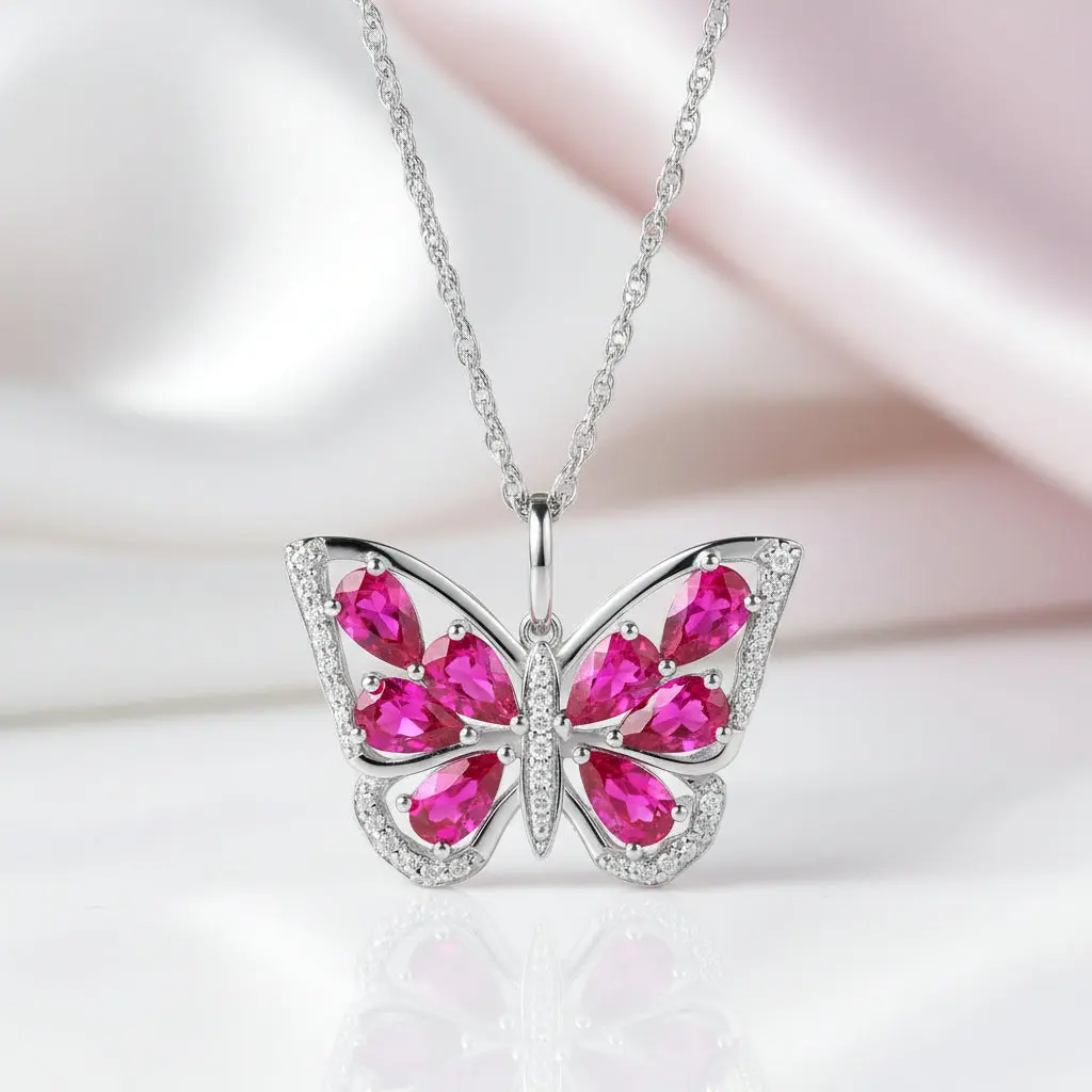 1.9 Ct Pear-cut Ruby Gemstone Butterfly Pendant Necklace