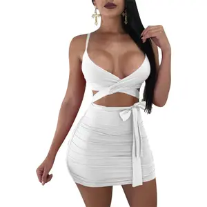 GOBLES Women'S Sexy Bodycon Spaghetti Strap Ruched Lace up Mini Club Dress GOBLES