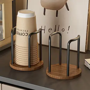 Paper Cup Holder Seamless Access Cup Storage Rack for Countertop Use with Wooden Base and Metal Arms