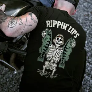 Rippin’ Lips Bass Fishing T-Shirt for Men, Funny Skeleton Angler Graphic Tee, Vintage Fisherman Bass Catch T-Shirt, Outdoors Lake Fishing Apparel, Cool Fisher Dad Gift