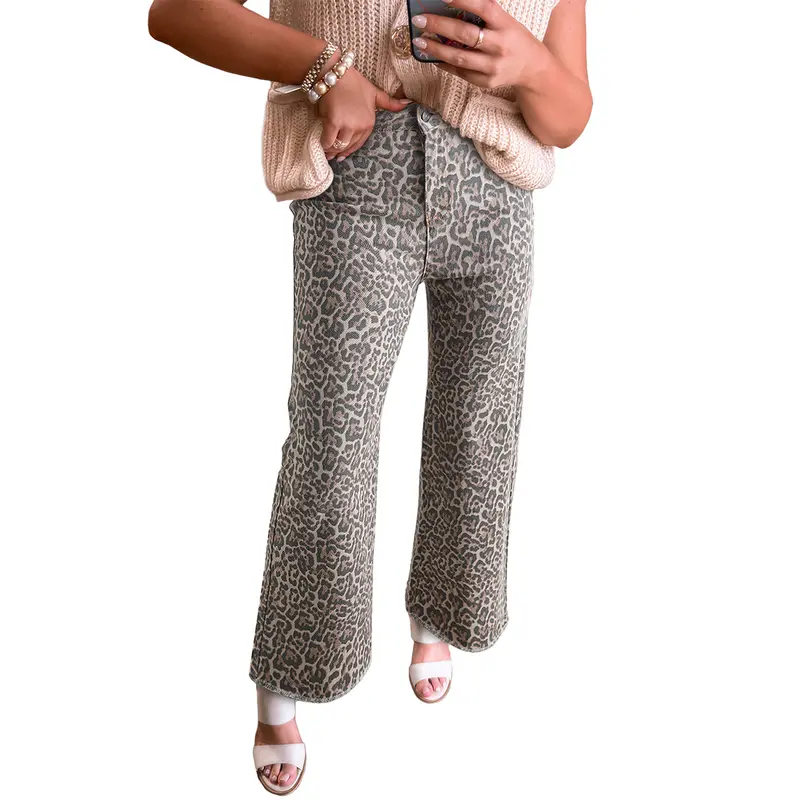 Asvivid Women's Leopard Print Frayed Edge Wide Leg High Waist Jeans All Seasons Casual Trendy Pants Bottom Trouser
