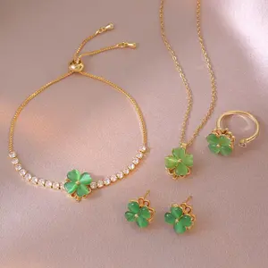 5PCS Green Jewelry Set for Women Trendy Rotating Four-leaf Flower Earrings & Necklace Simple Fashion Accessory Set
