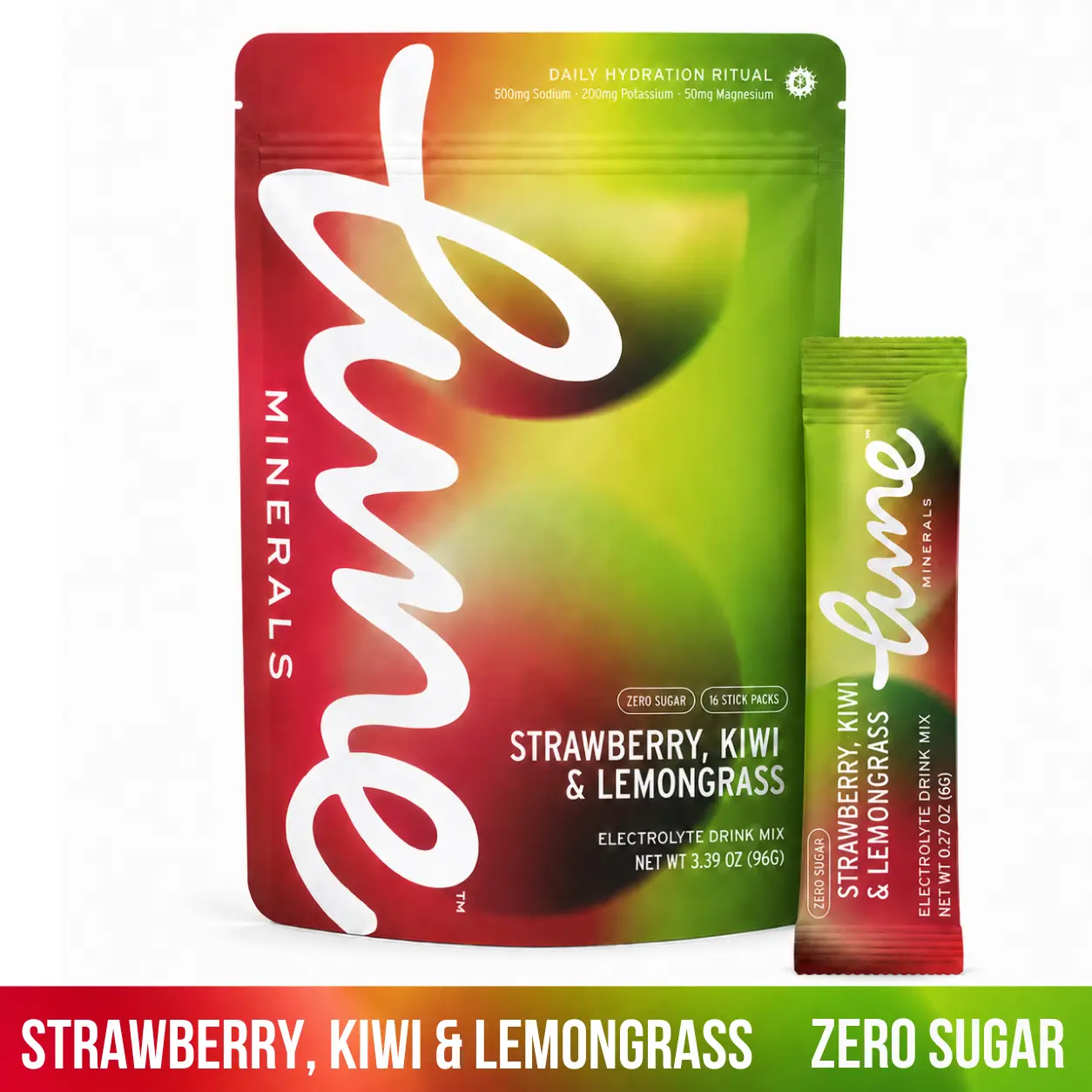 Lune Minerals Strawberry Kiwi Lemongrass Electrolyte Drink Mix – Zero Sugar, No Stevia, 16 Single-Serve Sticks