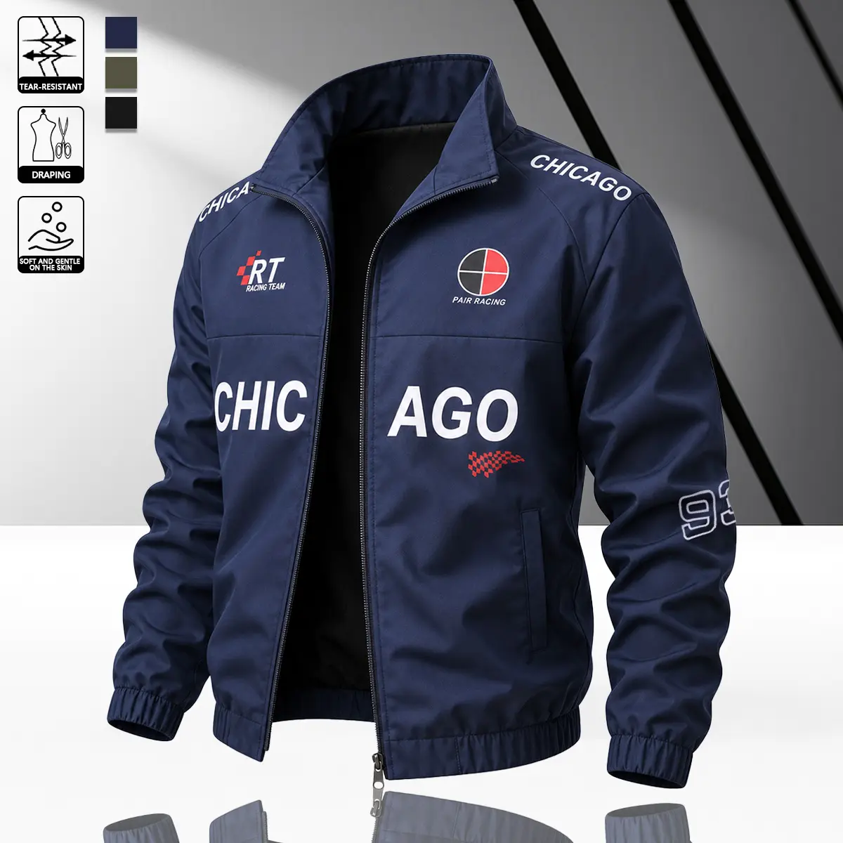 Men’s stand-collar racing jacket featuring all-over Chicago letter and RT team prints, made from windproof, tear-resistant woven fabric, with a full zip front and elastic ribbed hem; suitable for motorcycle riding, streetwear, everyday commuting, and week