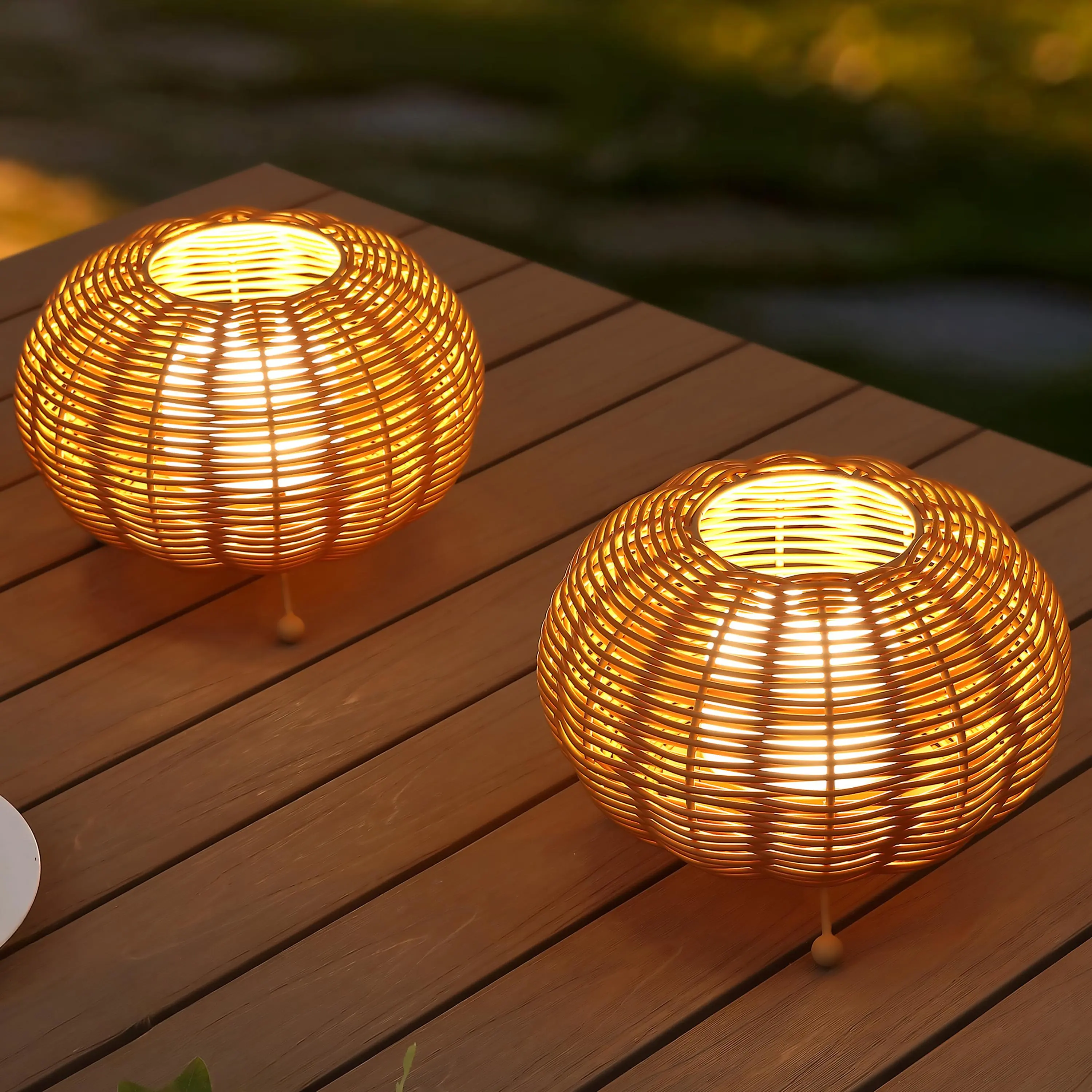 JONATHAN Y Kairi 5.75" Faux Rattan Cordless Lantern, Light Brown, Set of 2 | Modern Bohemian Indoor/Outdoor, Rechargeable Dimmable Integrated LED, Metal Frame, Deck Patio Porch, LED Bulbs Included