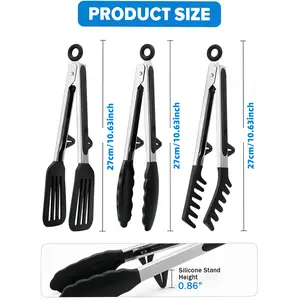 3-Pc Heat Resistant Silicone Tongs Set with Wall Brackets - Heavy Duty Stainless Steel BBQ & Kitchen Utensils, Non-Scratch Non-Slip for Grilling Steak/Fish/Burgers, Serving Pasta/Salad/Noodles, Baking Toast