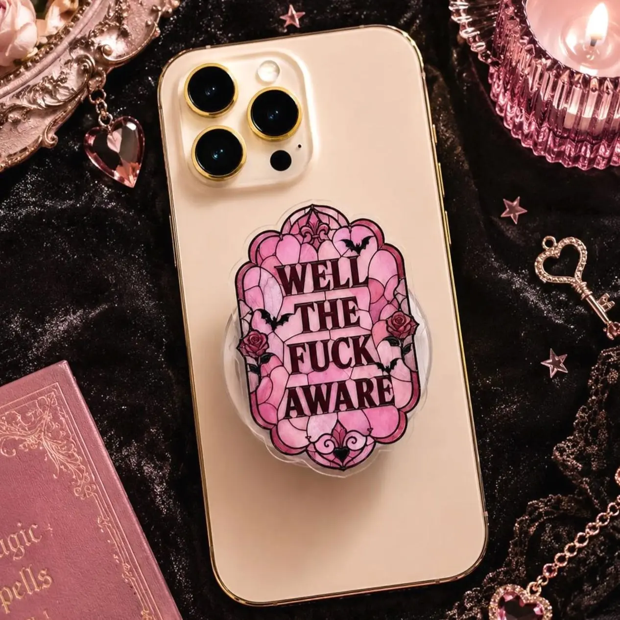Well The Fuck Aware MagSafe Phone Grip: Pink Goth Coquette Aesthetic Magnetic Phone Holder, Sarcastic Dark Feminine Gothic Girl Gift Kindle