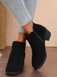 Women's Short Boots, Comfortable Walking, Thick Sole, Waterproof, Square Heel, Rubber Sole, Side Zipper, PU Leather, Fall & Winter, Winter Warm Boots