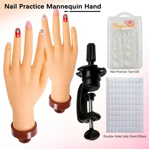 Nail practice realistic hand module with stand | Acrylic bendable practice hand, complete set with 100 nail tips + 100 gel jelly sheets — a must-have for beginner nail technicians