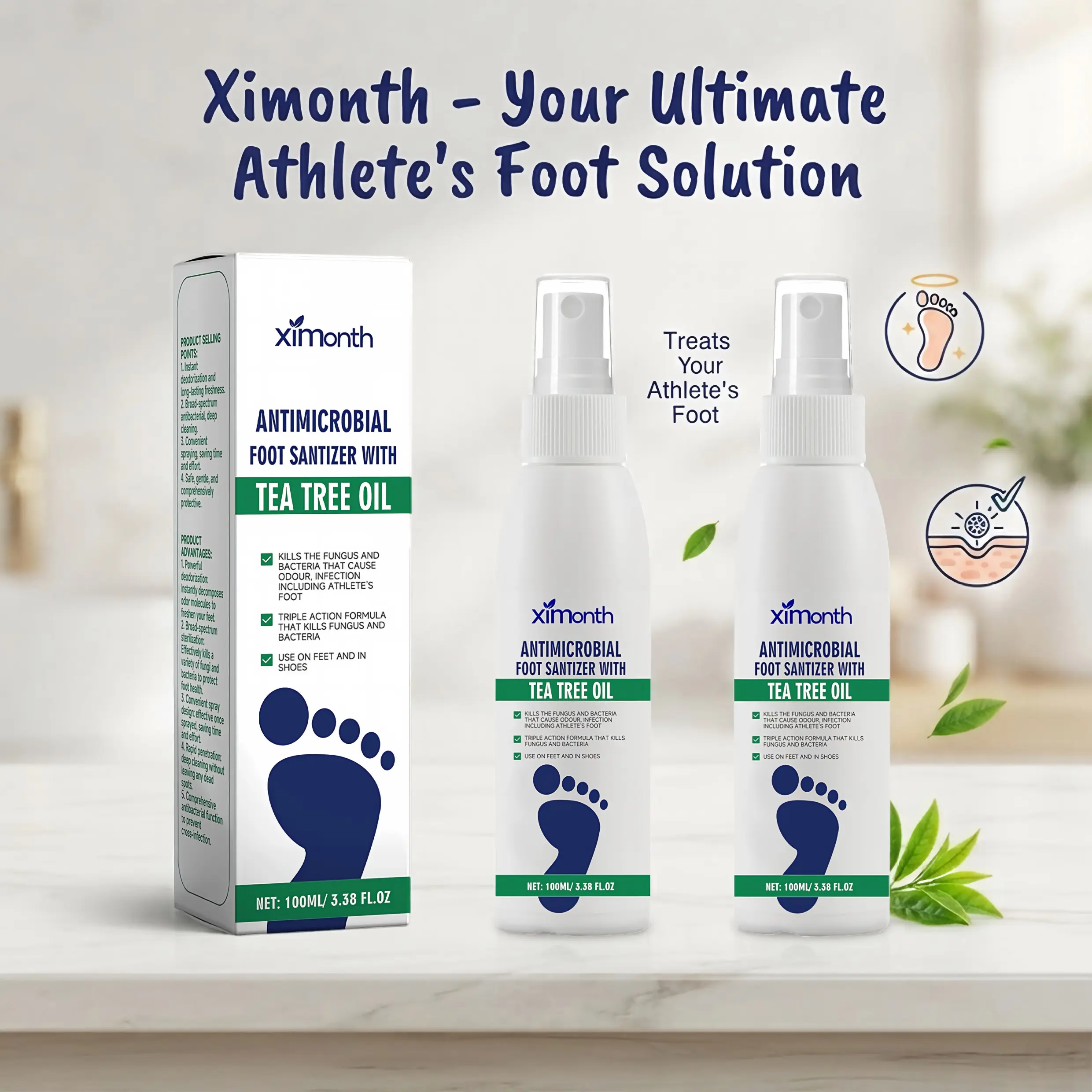 Ximonth 2 Pack Tea Tree Oil Antifungal Foot Sanitizer Spray 3.38 FL OZ, Odor Eliminator, Fast Treats Athlete's Foot, Natural Gentle Freshener for Feet & Nails, Eliminates Odor & Kills Fungus for Daily Hygiene