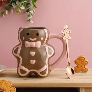 Pink Gingerbread Mug + Rose Gold Spoon Set – Cute Christmas Ceramic Cocoa Cup | Soft Girl Holiday Coffee Mug for Cozy Winter Vibes & Gift Giving Tiangrid