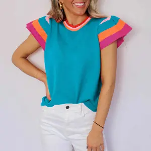 Turquoise Contrast Flutter Sleeves Knitted Sweater T Shirt