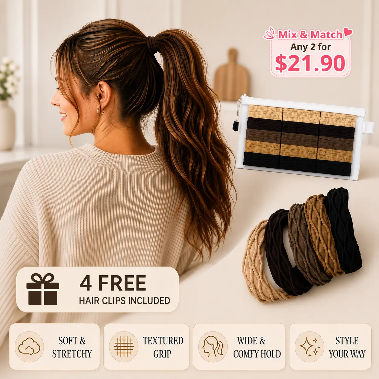 ZONNOV 15PCS Colorful Hair Ties No Damage, Soft Ponytail Holders with Reusable Storage Pouch, Elastic Hair Bands  for Women, Hair Accessories for Everyday Use
