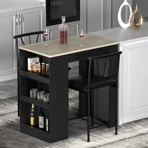 VECELO 3-Piece Small Bar Table And Chairs High Kitchen Breakfast Nook With Stools/Dining Table Set (For 2 People), Storage Rack, Space Saving, Vintage