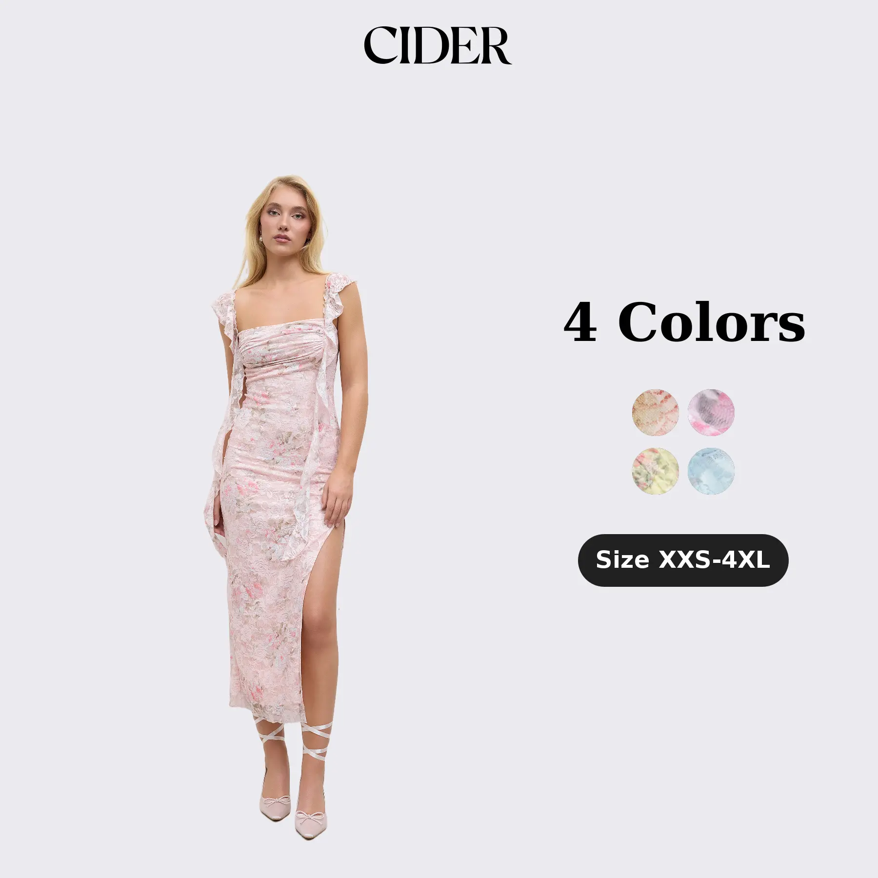 Cider Women's Pull-on Floral Lace Maxi Dress, Casual V-Neck Gown with Spaghetti Straps, Ruffle Hem, and Side Split, Lady, Imported, Split Detail