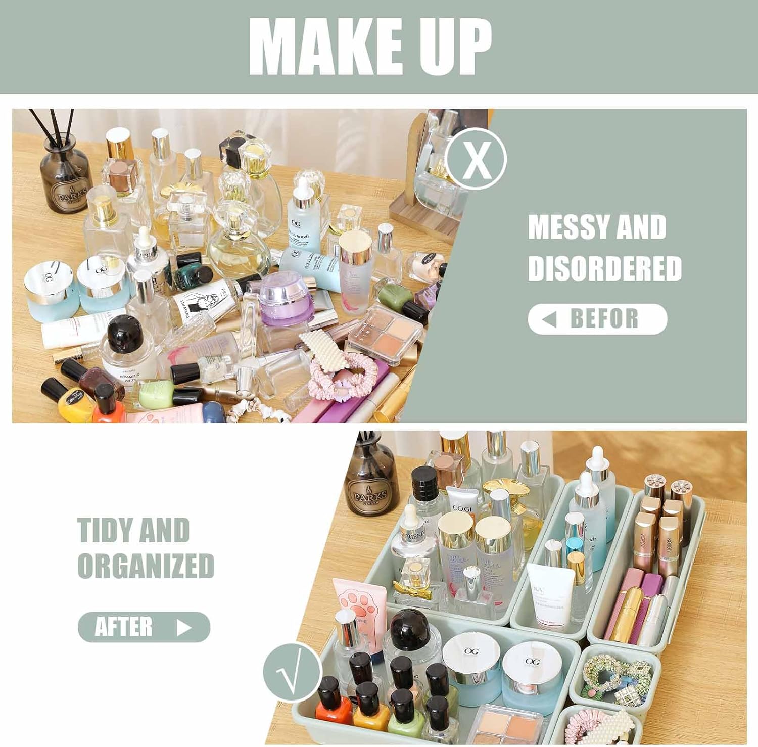 16 Pcs Plastic Drawer Organizer Set 3-Size Versatile Drawer Divider Trays Vanity Storage Bins for Makeup Jewelry Utensils Gadgets Kitchen Bedroom Bathroom Office Green&Purple