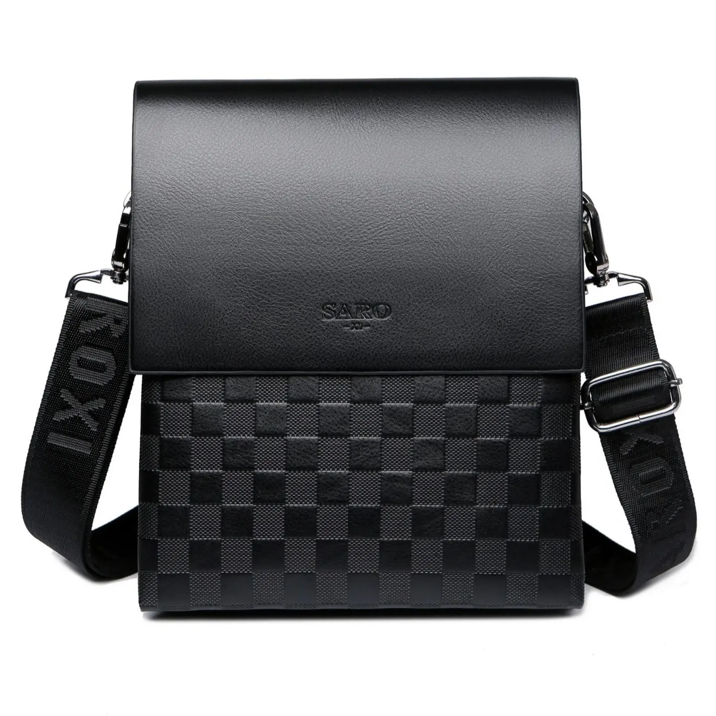 Saro Minimalist Men's 304 Checkered PU Leather Vertical Buckleless Crossbody & Shoulder Bag - Everyday Crossbody Bag with Burden-Reduction Strap, Zip Closure for Men's Accessories, Business Office