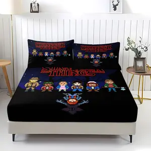 Fun secondary creation illustration of "Stranger Things" printed bedsheet, including 1 bedsheet and 2 pillowcases, anti slip dust cover suitable for bedrooms and guest rooms, suitable for personal use or gift giving