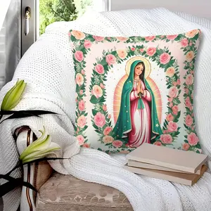 Our Lady of Guadalupe Throw Pillow with Insert, Virgin Mary & Pink Roses Print Cushion, Religious Decorative Pillow for Living Room, Bedroom, Church, Catholic Home Decor, 45cm Square Zipper Closure, Spiritual Gift Choice