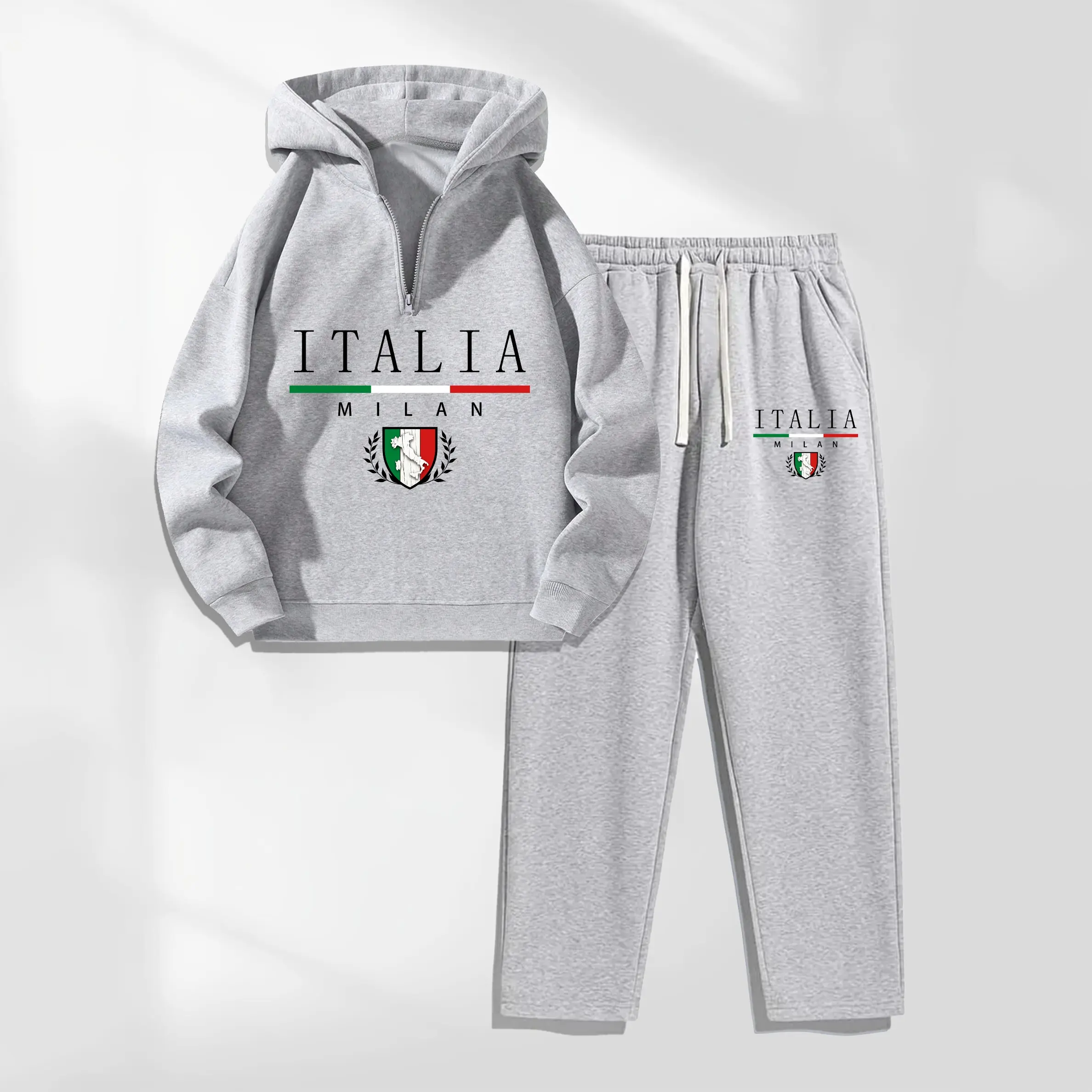 Men's ITALIA Letter Pattern Print Hoodie and Drawstring Sweatpants Set, Menswear, Casual Athletic Long Sleeve Hooded Jacket & Trousers for Fall & Winter, Men's Clothing for Daily Wear, Sportswear Indoor Outdoor, Tracksuit, Athleisure