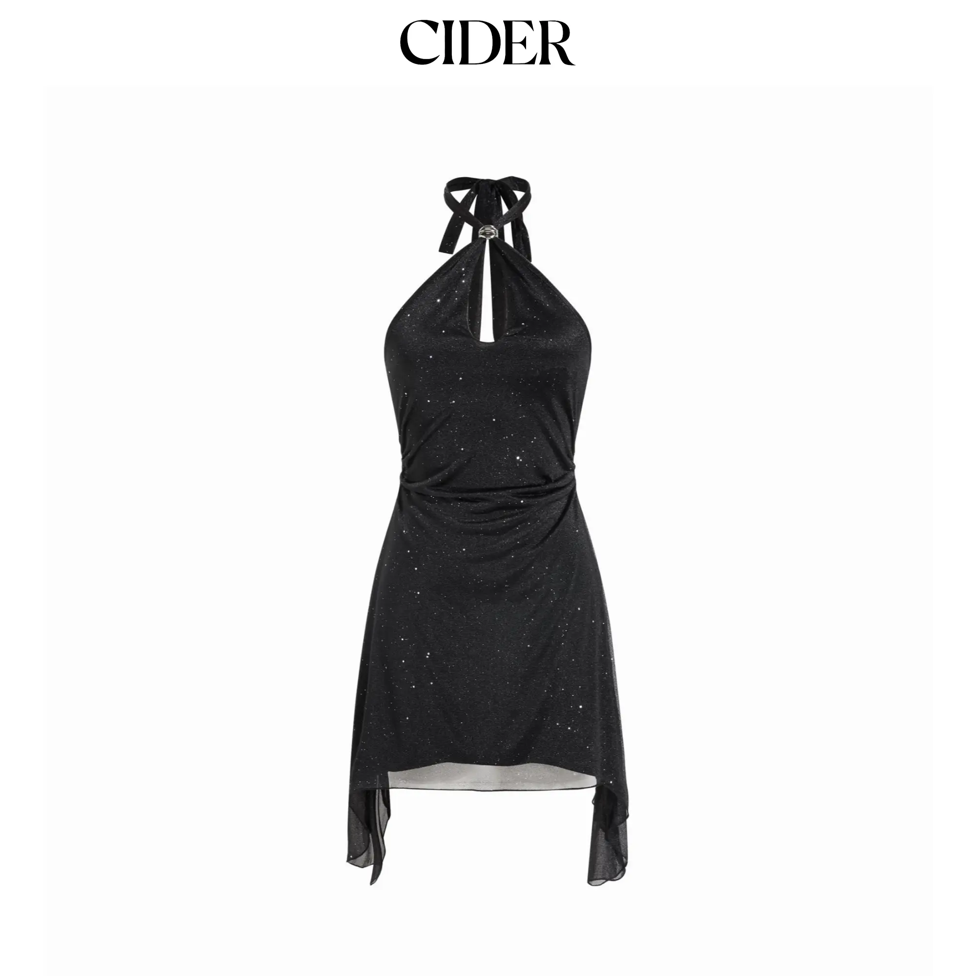 Cider Textured Halter Neckline Cut Out Metal Detail A-line Mini Dress