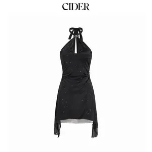 Cider Textured Halter Neckline Cut Out Metal Detail A-line Mini Dress