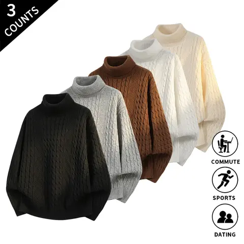Men's 3-Pack Everyday High-Neck Knitwear Sweaters - Twisted Knit Design, Stylish Menswear, Suitable for Commuting, Gym Clothes, Gift Option