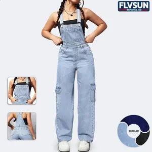 Women’s Denim Wide-Leg Cargo Jumpsuit, Loose Fit, Bib Front, Baggy Jean Overall, Adjustable Straps