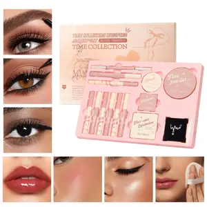 14Pce/set Makeup Gift Box Lip gross Lip Balm Brush Highlights Eyeliner Mascara Eyebrow Eyeshadow Loose Powder & Necklace for Women