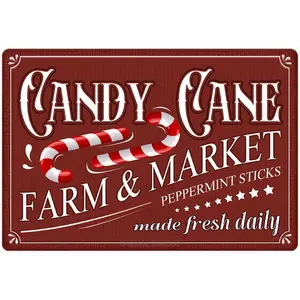 Candy Cane Metal Tin Sign Farm Market Peppermint Sticks Christmas Decor Vintage Retro Poster For Home Kitchen Cafe Bar Candy Shop Wall Decor Art Winter Decoration Plaque 8X12 Inch