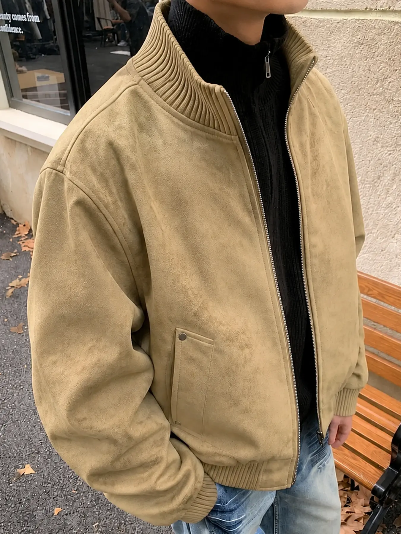 Workwear Jacket for Men with Stand Collar Full Zip Design, Minimalist Utility Style Outerwear for Daily Commute and Casual Streetwear