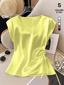Women's Feminine Summer V-Neck Silky Blouse, Adjustable Side Drawstring, Flowy Lantern-Sleeve Waist-Cinching Top, Satin-Mercerized Finish, Customized Fit,summervibes