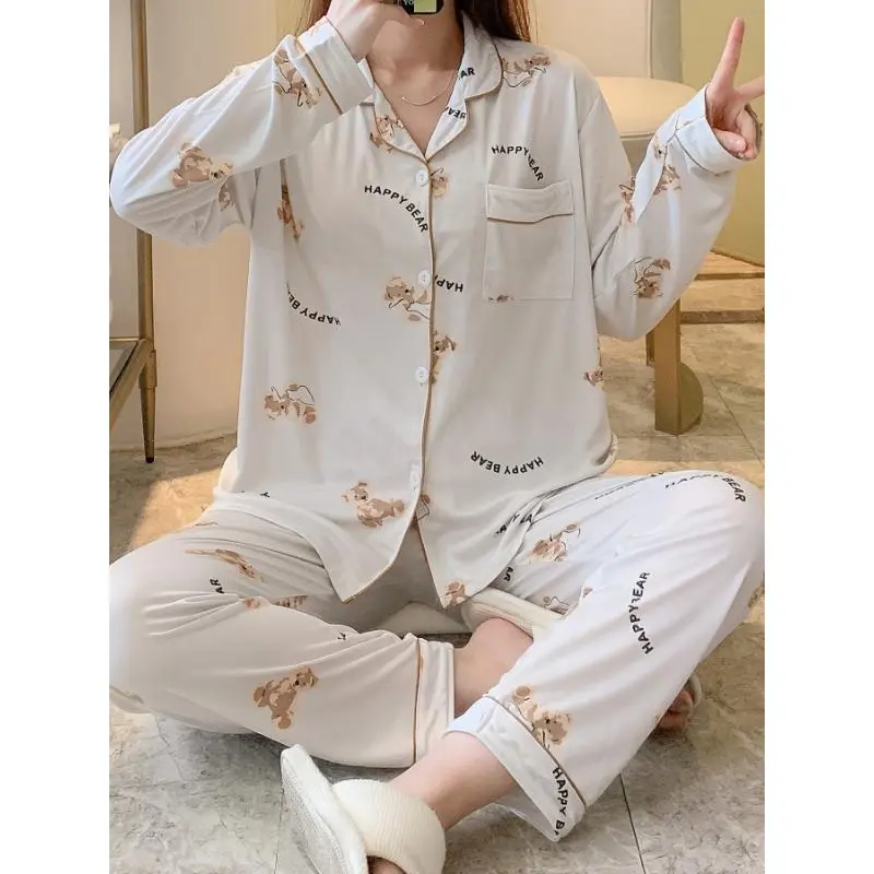 Women's Cartoon Bear 2-Piece Pyjamas Set - Longsleeves Lapel Top, Elastic Waist Pants, Soft Polyester Loungewear for Sleep, Beige Nightwear HN03301 (PJ Sets for Women), Casual