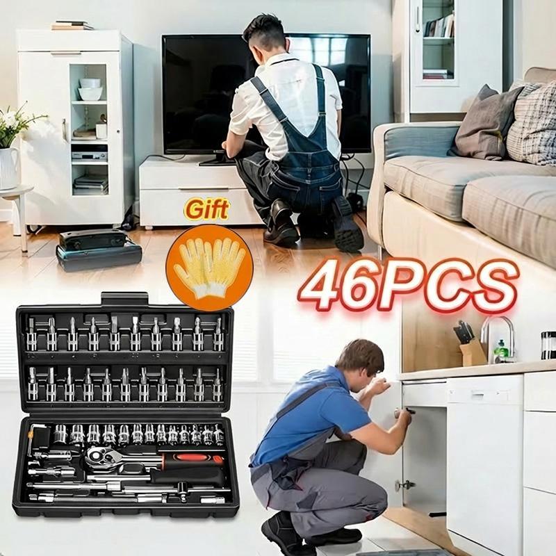 46pcs Carbon Steel Automotive Hand Tool Set - Socket Sets, Ratchet Screwdriver, Hardware Toolbox for Car Repair, Bicycle Fixing, DIY Projects, Ideal Gift for Husbands, Automotive Tools, Tool Kit Set