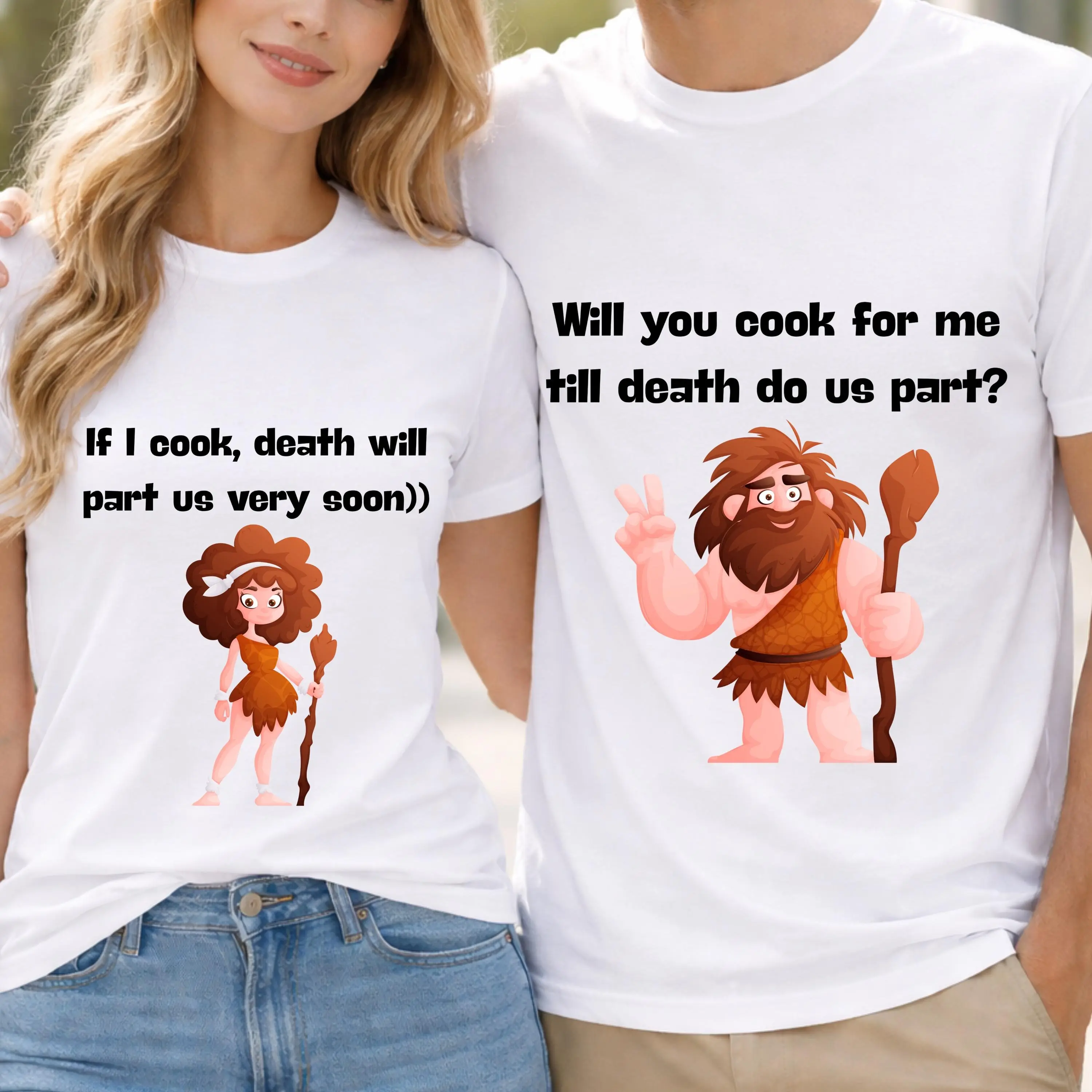 Funny Couple T-Shirts with Humor for Valentine's Day, Couple T-Shirts with Caveman Image - Gift for Couples, Funny Gift for Husband and Wife