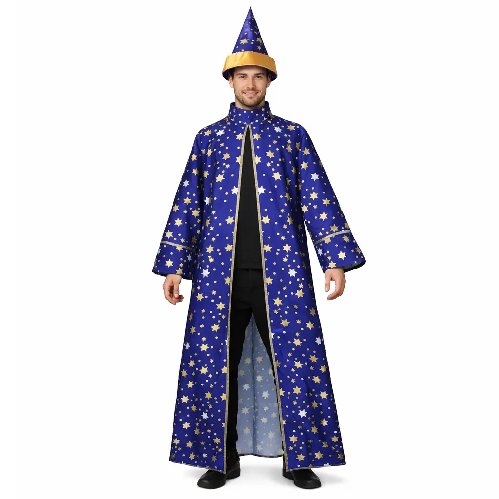 Men Wizard Costume with Hat – Blue Wizard Robe for Halloween Cosplay Party (Blue / Purple / Red, Wig Option)