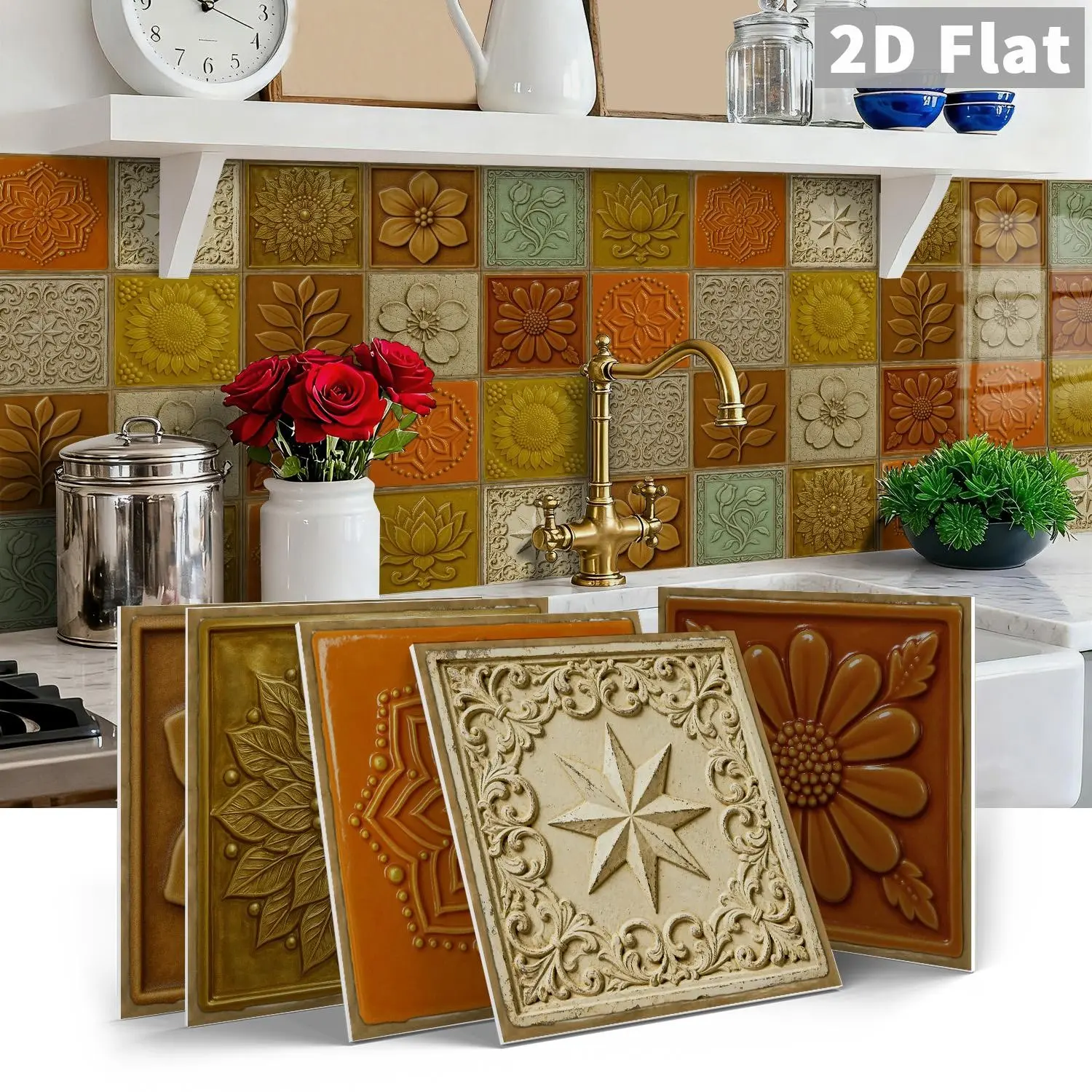 12/24 PCS per Gift Box, Sticker Set, ART PE Crystal Decorative Tile Stickers, Retro Warm Orange Embossed Floral & Star Pattern, Waterproof & Oil-Proof Self-Adhesive Tile Stickers for Kitchen, Bathroom, Tiles & Old Wooden Surfaces, Home Decor