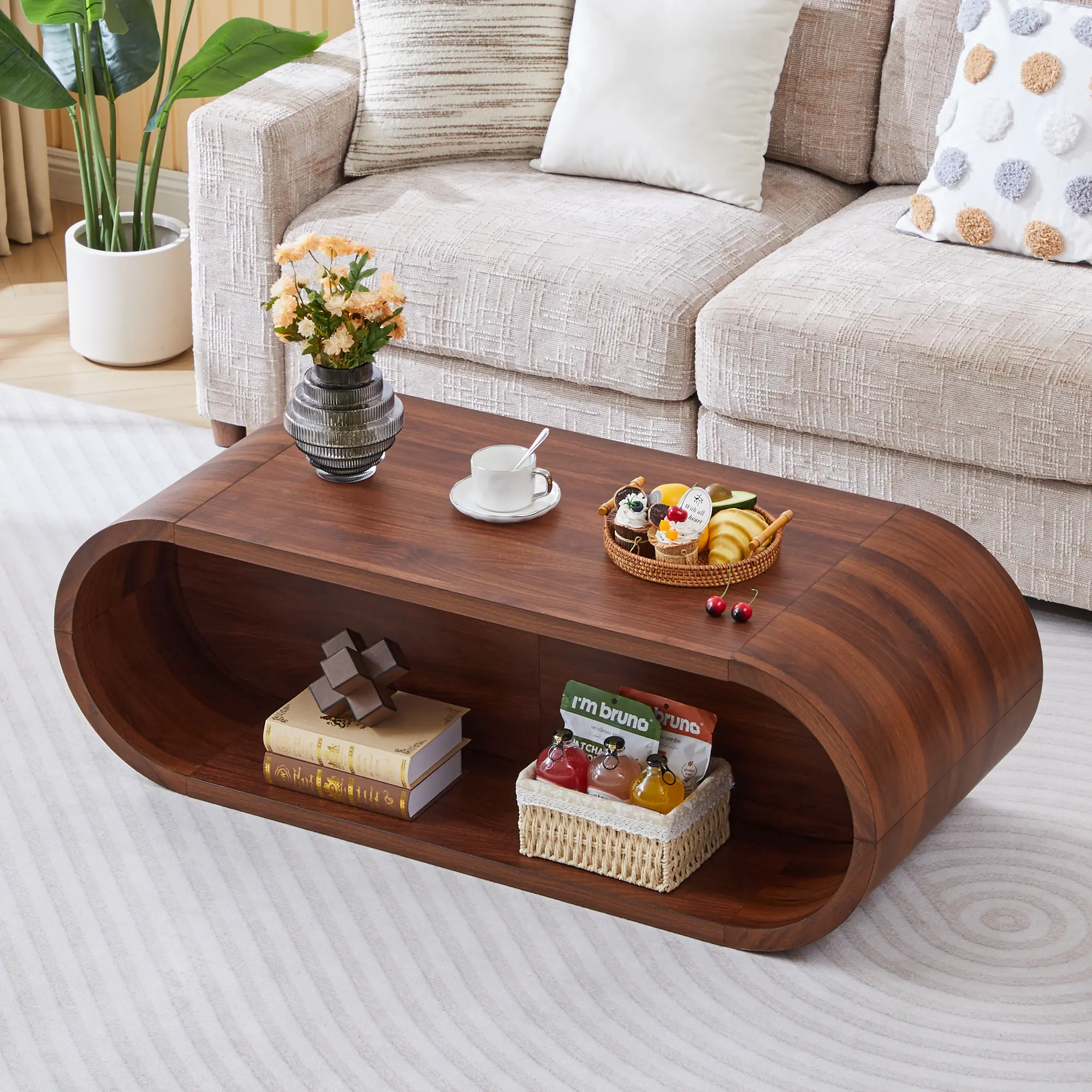 Giratree 47'' Oval Coffee Table 2-Tier Center Table with Storage Shelf | Modern Minimalist Coffee Table Curved Design Wood Accent Tea Table for Living Room, Small Spaces, Thick Design