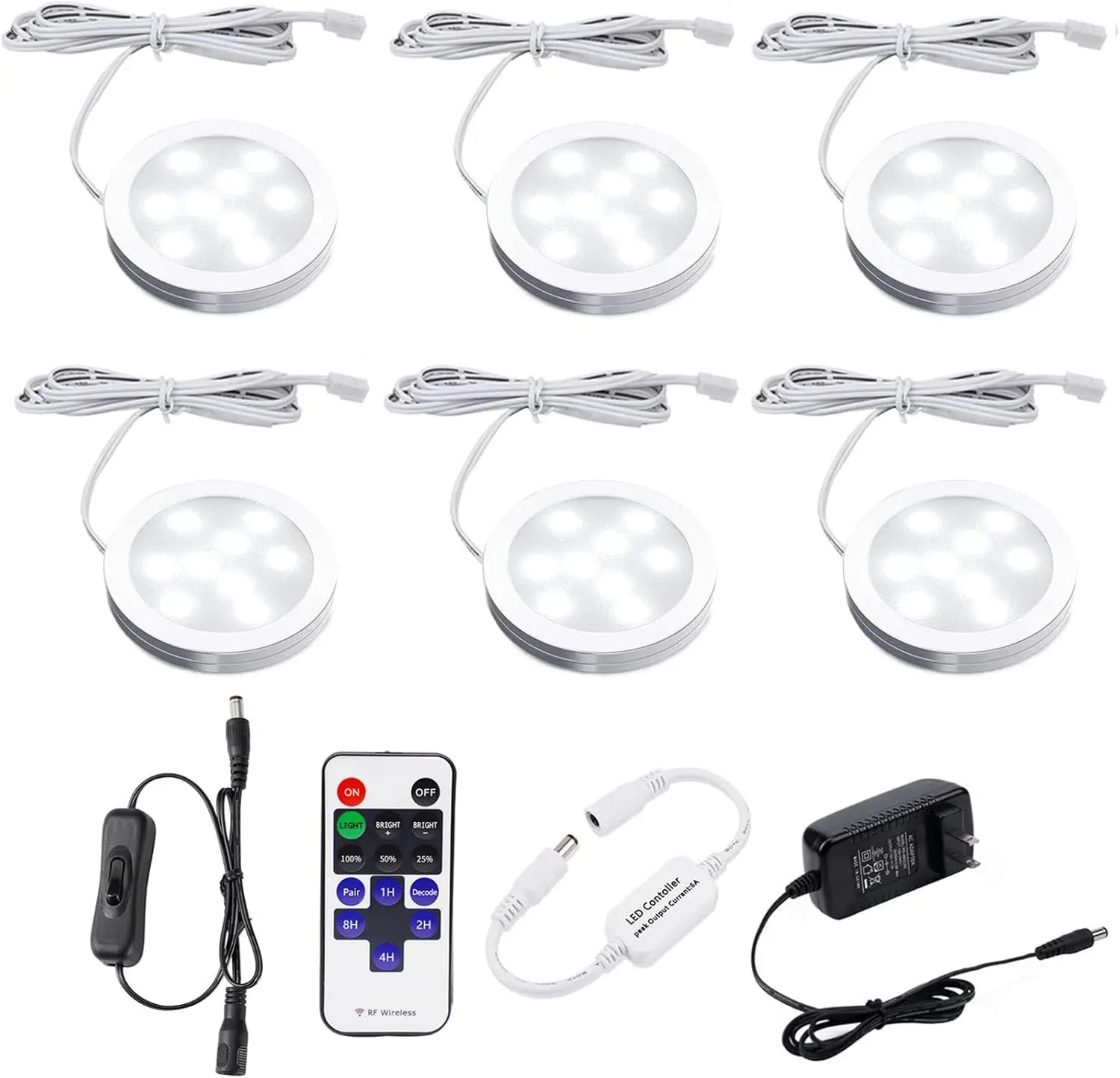 6-Pack Eco-Friendly Ultra-Thin LED Under-Cabinet Puck Light Kit - 12W Dimmable LEDs, RF Remote Control, 6-Way Splitter, 10 Brightness Levels, Daylight White, Aluminum Shell, 6.6ft Cord, Anti-Glare for Kitchen Counter