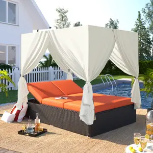 Outdoor Double Chaise Lounge Daybed with Curtains,Patio Outdoor Sunbed with Adjustable Backrest, Sturdy Steel Frame Loveseat Sofa for Backyard,Poolside, Terrace