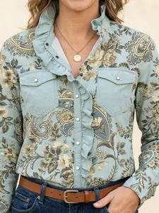 Chic Petal Vintage Inspired Floral Paisley Blouse Ruffle Placket Chest Pocket Casual Western Top Soft Light Blue Base Golden Patterns - Shirts
